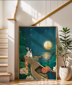 Ilustración serena de conejos contemplando una luna brillante sobre un lago tranquilo