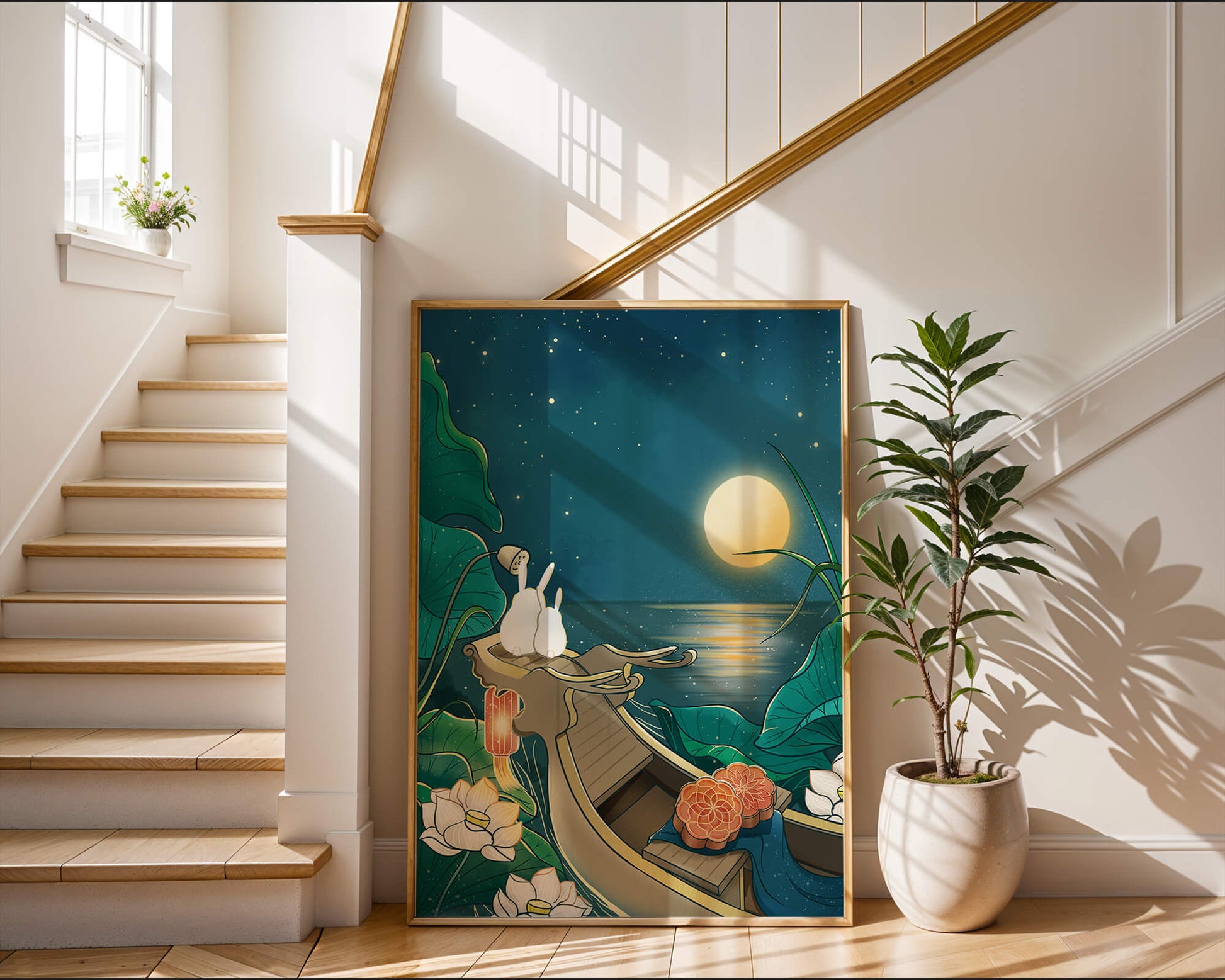 Serene illustration of rabbits gazing at a bright moon on a tranquil lake