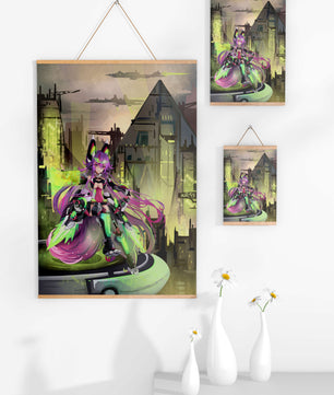 Cyberpunk-Anime-Figur im futuristischen Stadtbild 