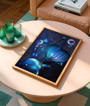 Illuminated Blue Butterflies with Glowing Bubbles in Enchanted Darkness