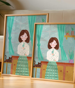 Charming Illustration of Woman and Cat in Cozy Living Room