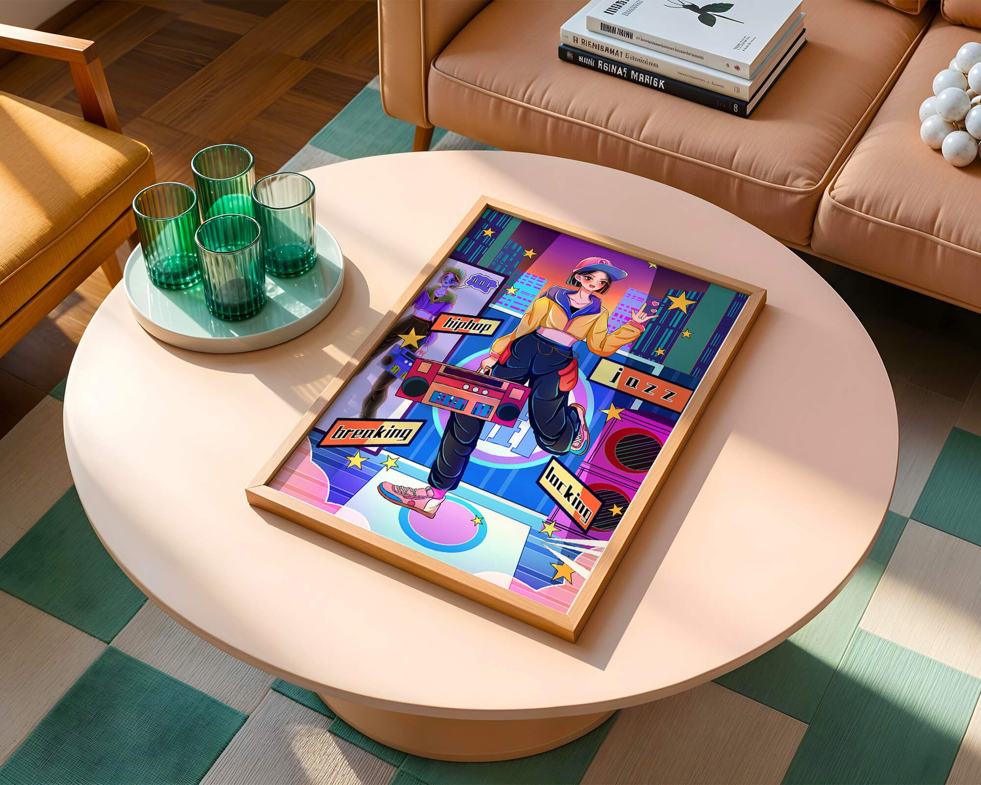 Colorful urban dance scene with hip hop and jazz elements