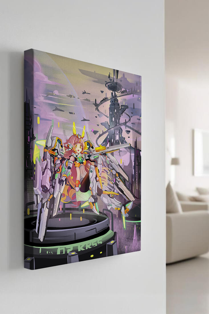 Futuristic illustration of girl with robot in sci-fi cityscape