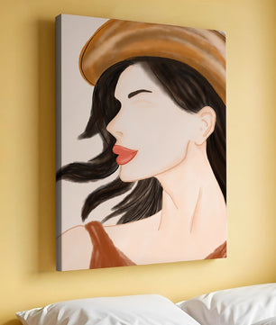 Stylized portrait of a woman in a hat with flowing hair