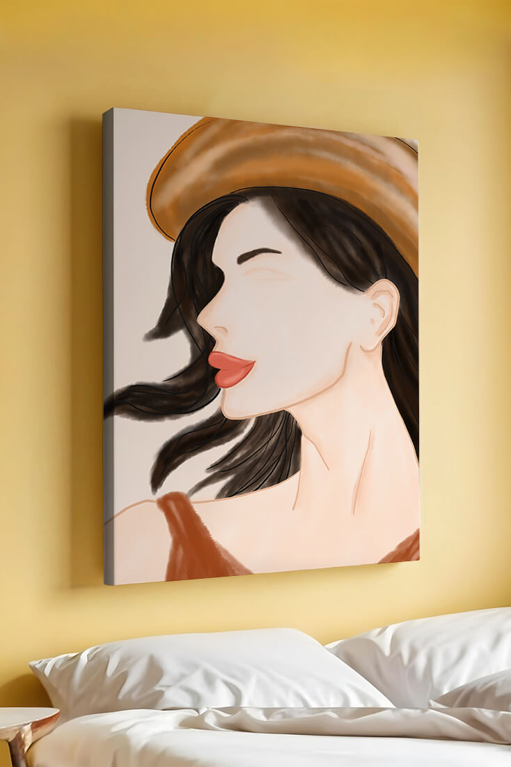 Stylized portrait of a woman in a hat with flowing hair