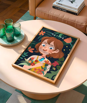 Ilustración primaveral encantadora con flores y mariposa
