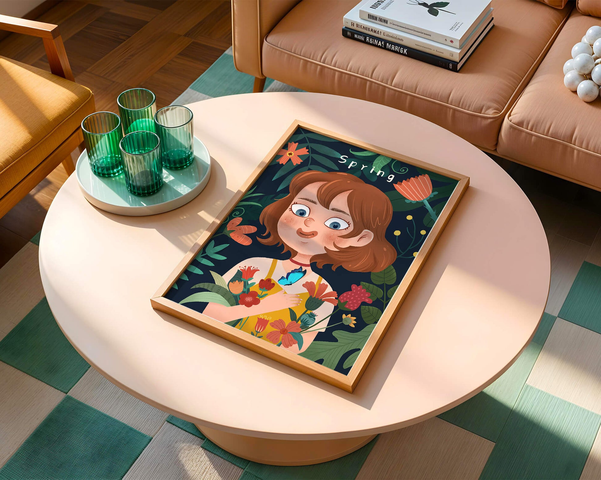Ilustración primaveral encantadora con flores y mariposa
