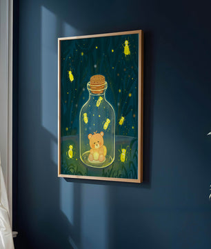 Charming teddy bear in a jar with glowing fireflies