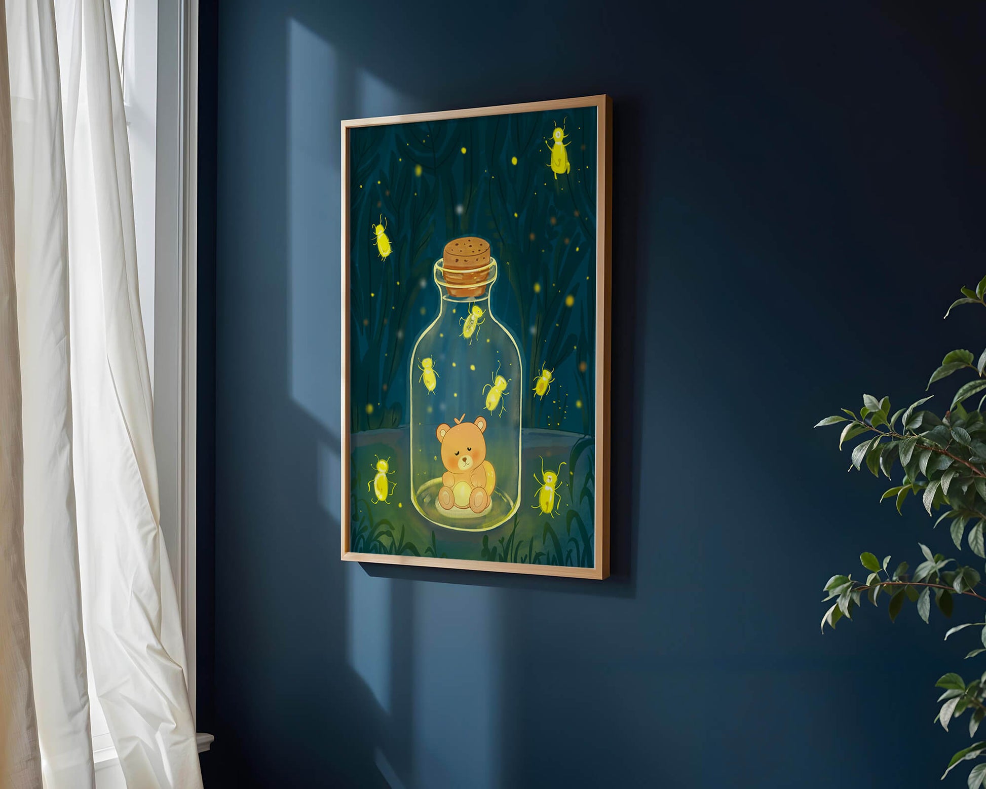 Charming teddy bear in a jar with glowing fireflies