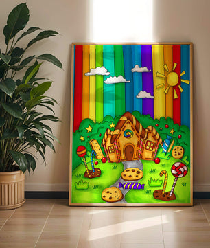 Whimsical candy house in a vibrant rainbow landscape