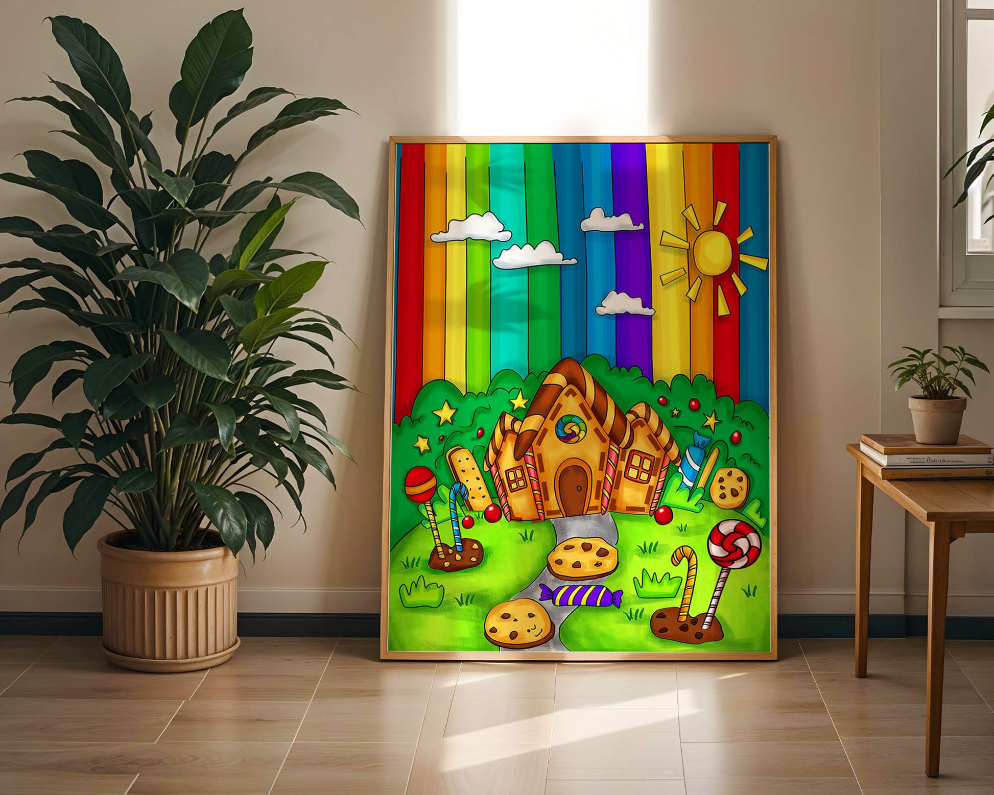 Whimsical candy house in a vibrant rainbow landscape