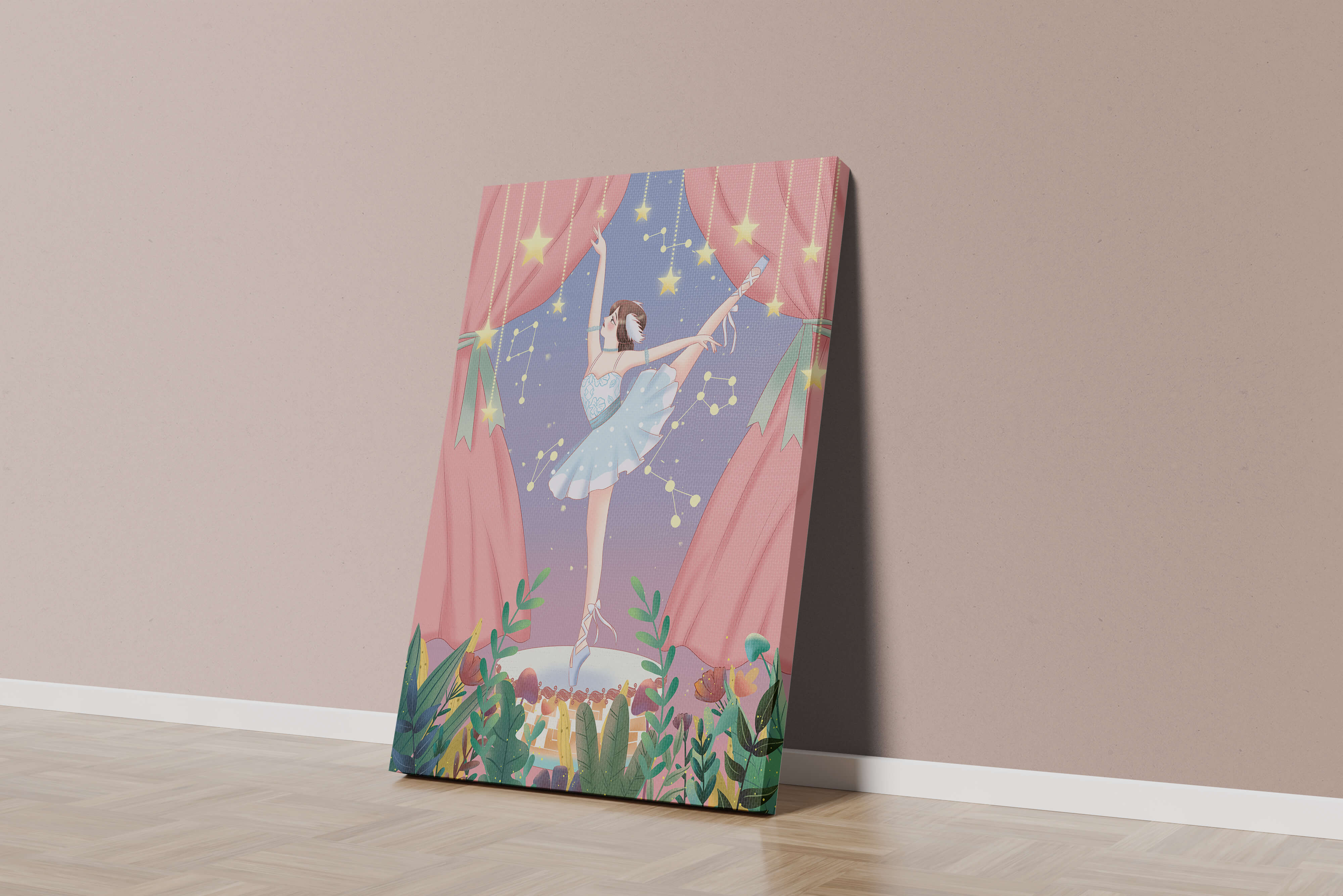 Graceful ballerina performing under starry sky on stage