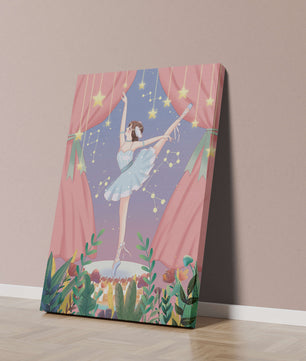 Graceful ballerina performing under starry sky on stage