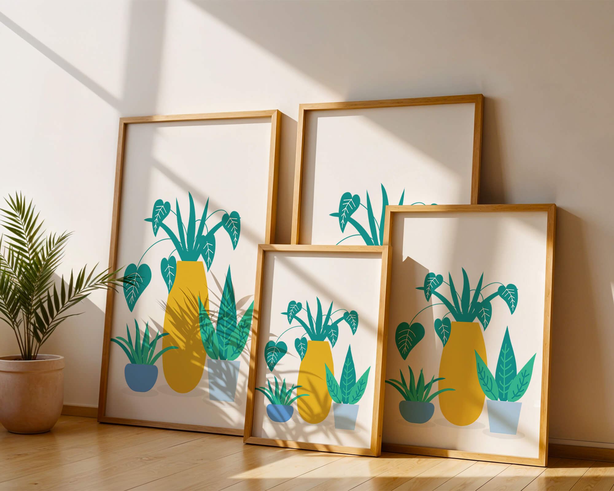 Illustration of colorful potted plants with a yellow vase