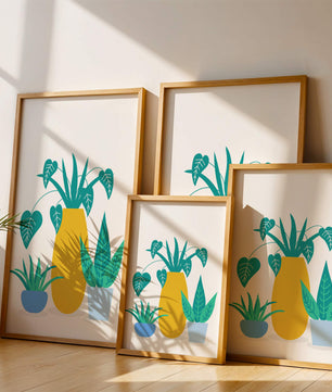 Illustration of colorful potted plants with a yellow vase