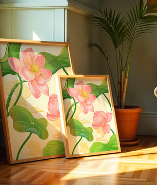Illustration of pink lotus flowers with green leaves on a pastel background