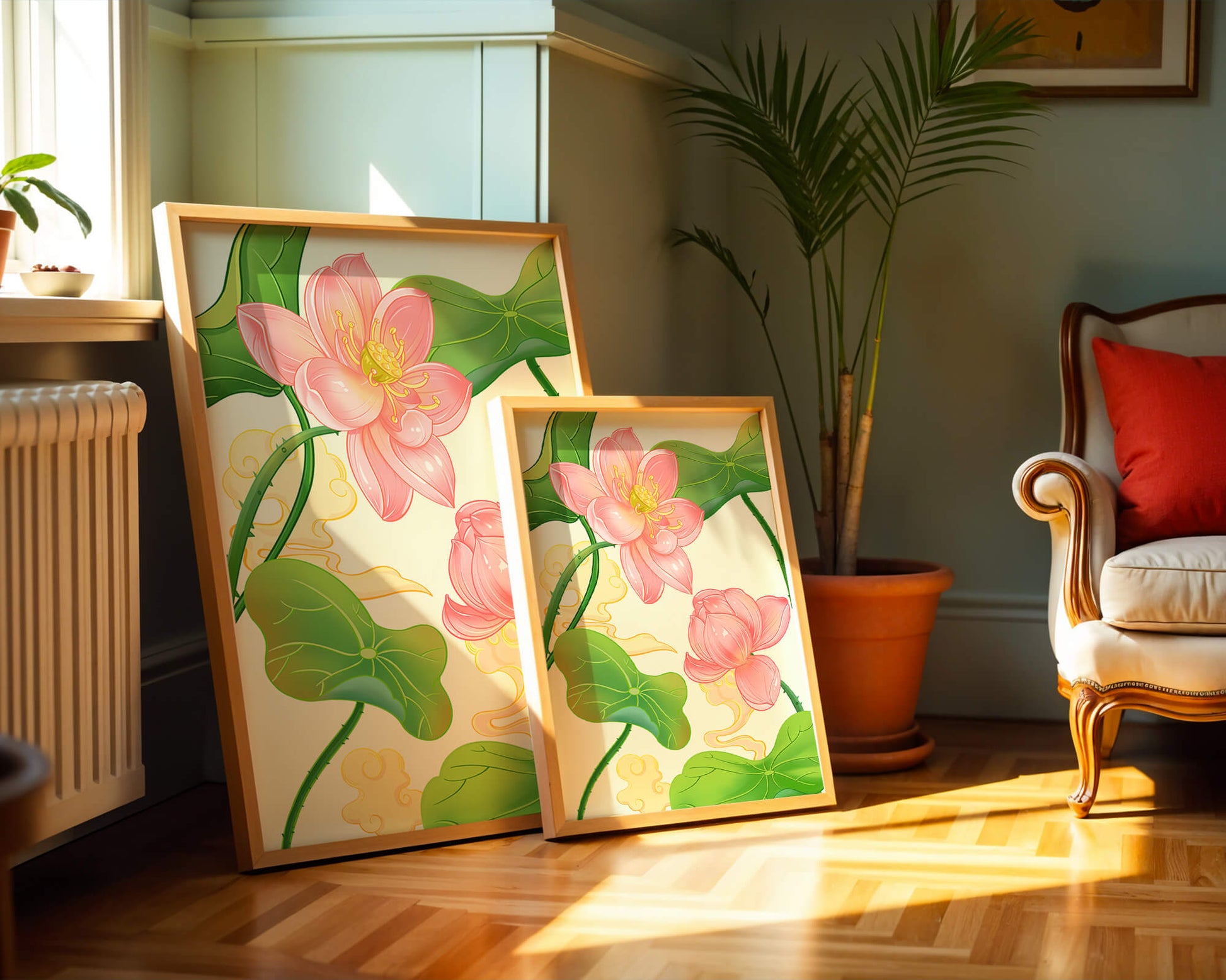 Illustration of pink lotus flowers with green leaves on a pastel background