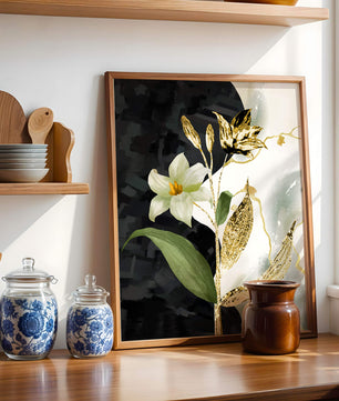 Diseño floral abstracto con detalles dorados y oscuros
