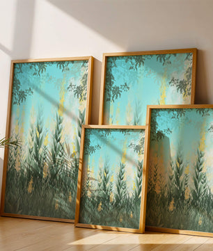 Serene Garden with Tall Green Leaves and Yellow Flowers Under Blue Sky