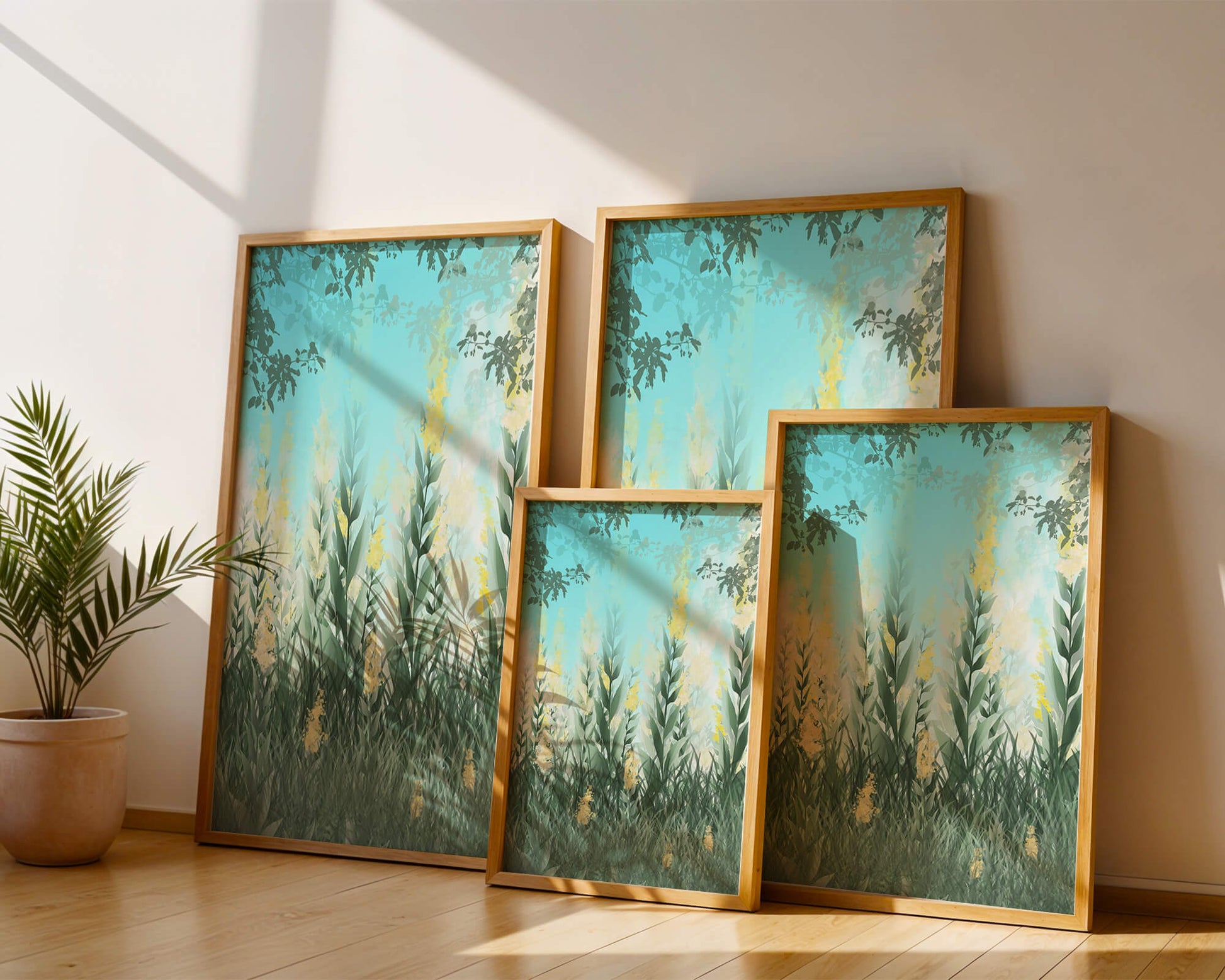 Jardín sereno con hojas verdes altas y flores amarillas bajo el cielo azul