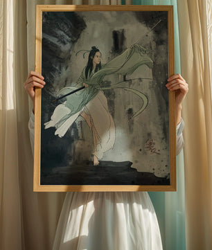 Dynamic illustration of a warrior in flowing robes with a spear