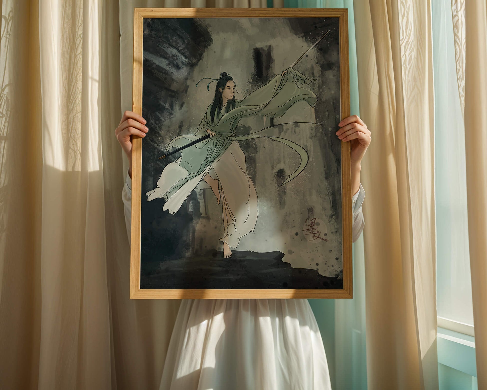 Dynamic illustration of a warrior in flowing robes with a spear