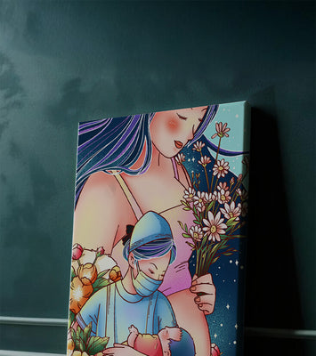 Mother and Baby Surrounded by Flowers in a Dreamy Landscape