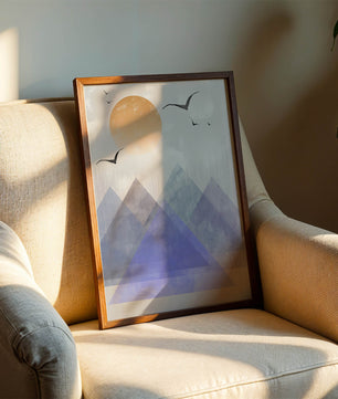 Abstract Mountain Landscape with Geometric Elements and Soaring Birds