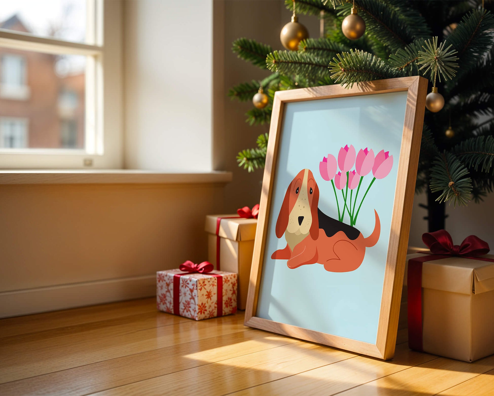 Illustration eines Basset Hound mit rosa Blumen auf hellblauem Hintergrund