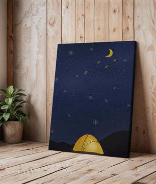 Camping Under Night Sky with Stars and Crescent Moon