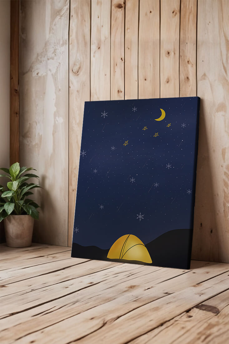 Camping Under Night Sky with Stars and Crescent Moon