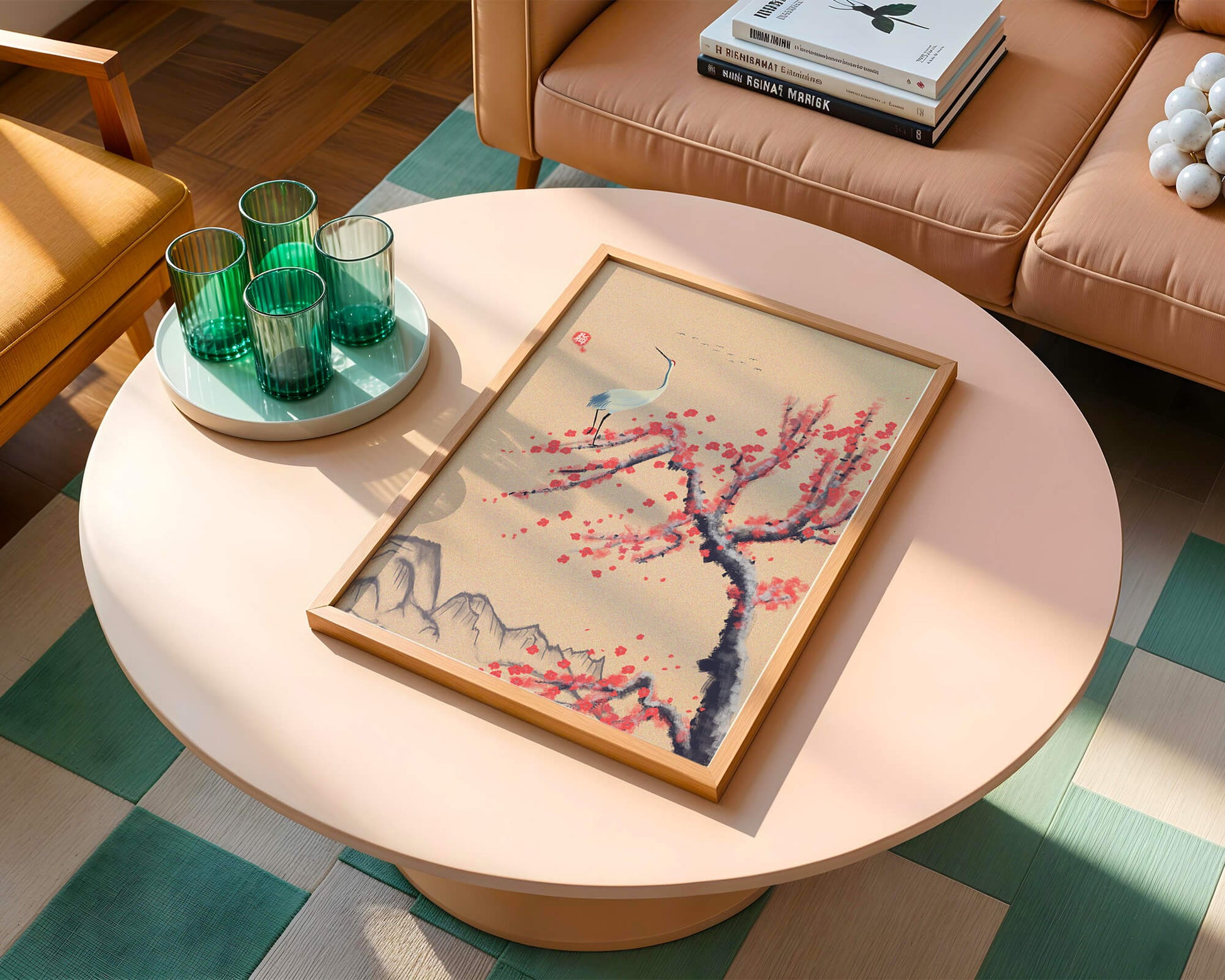 Elegant crane on cherry blossom tree with mountainous background