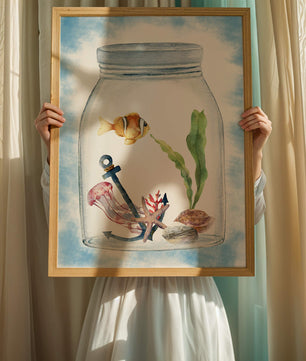 Watercolor illustration of marine life in a jar with a clownfish