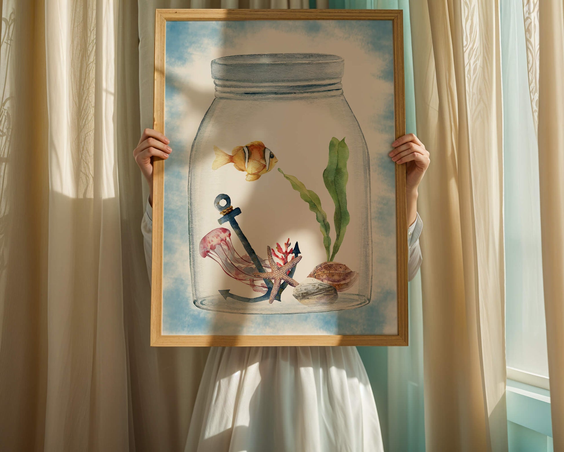 Watercolor illustration of marine life in a jar with a clownfish