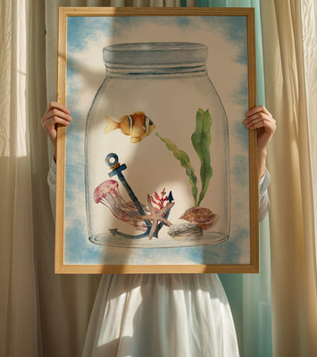 Watercolor illustration of marine life in a jar with a clownfish