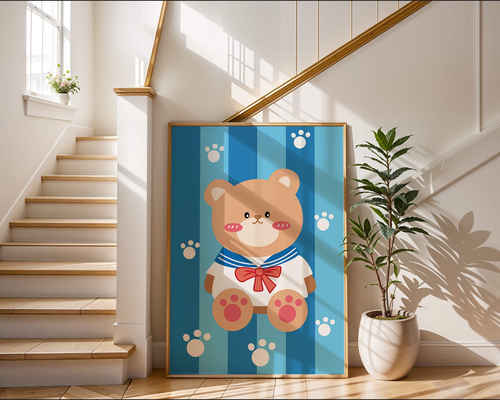Adorable cartoon bear with sailor suit against striped background