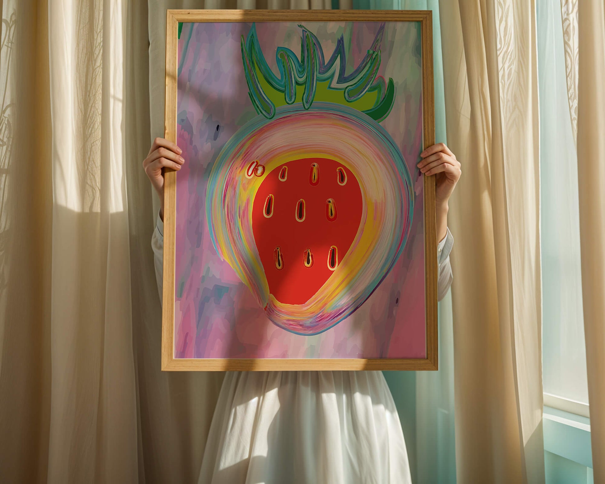 Colorful abstract strawberry with vibrant brush strokes