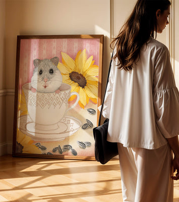 Adorable hamster in teacup with sunflowers and seeds