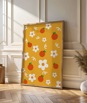 Playful floral and fruity pattern on a vibrant yellow background