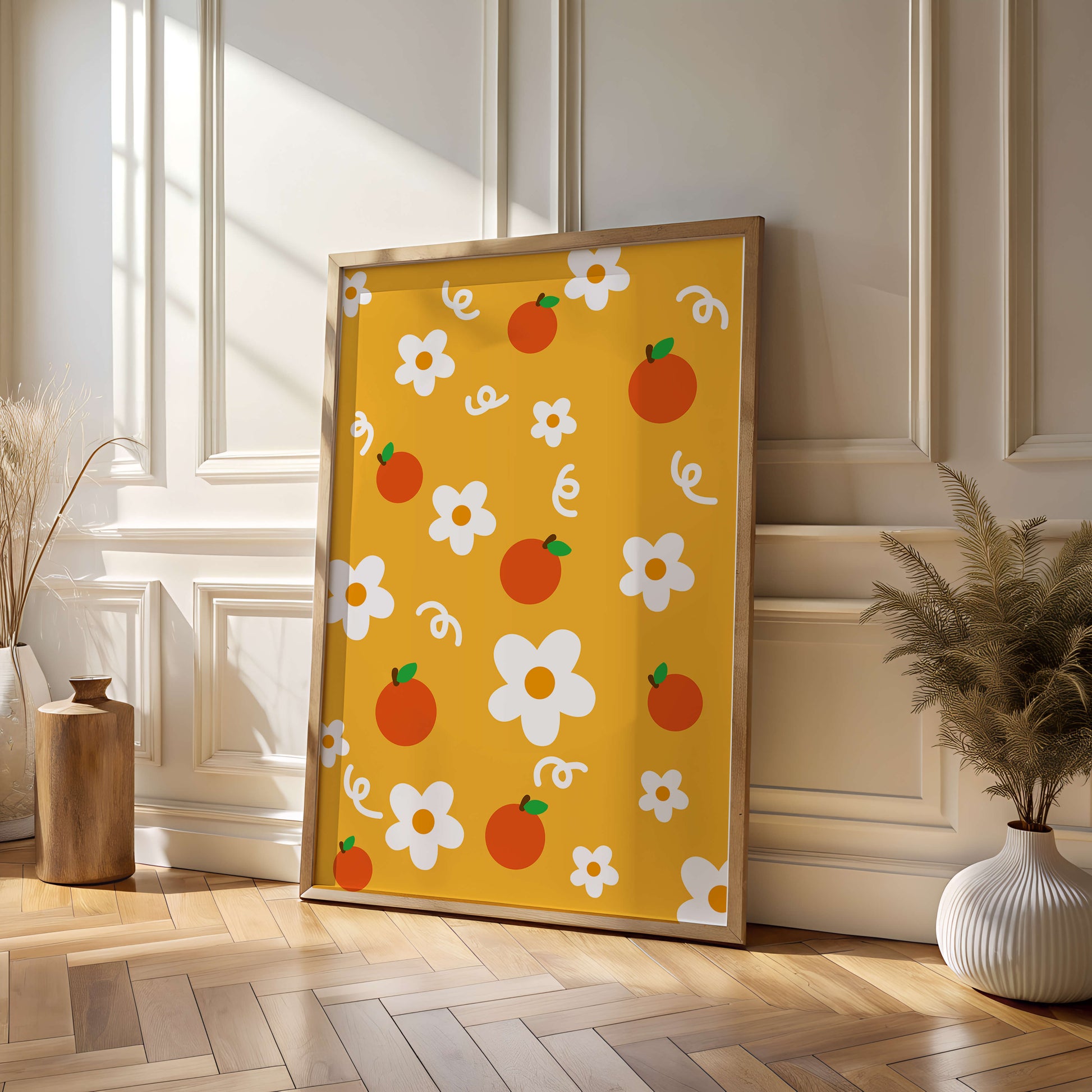 Playful floral and fruity pattern on a vibrant yellow background