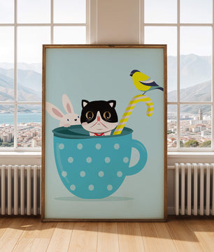 Playful illustration of cat, rabbit, and bird in a teacup