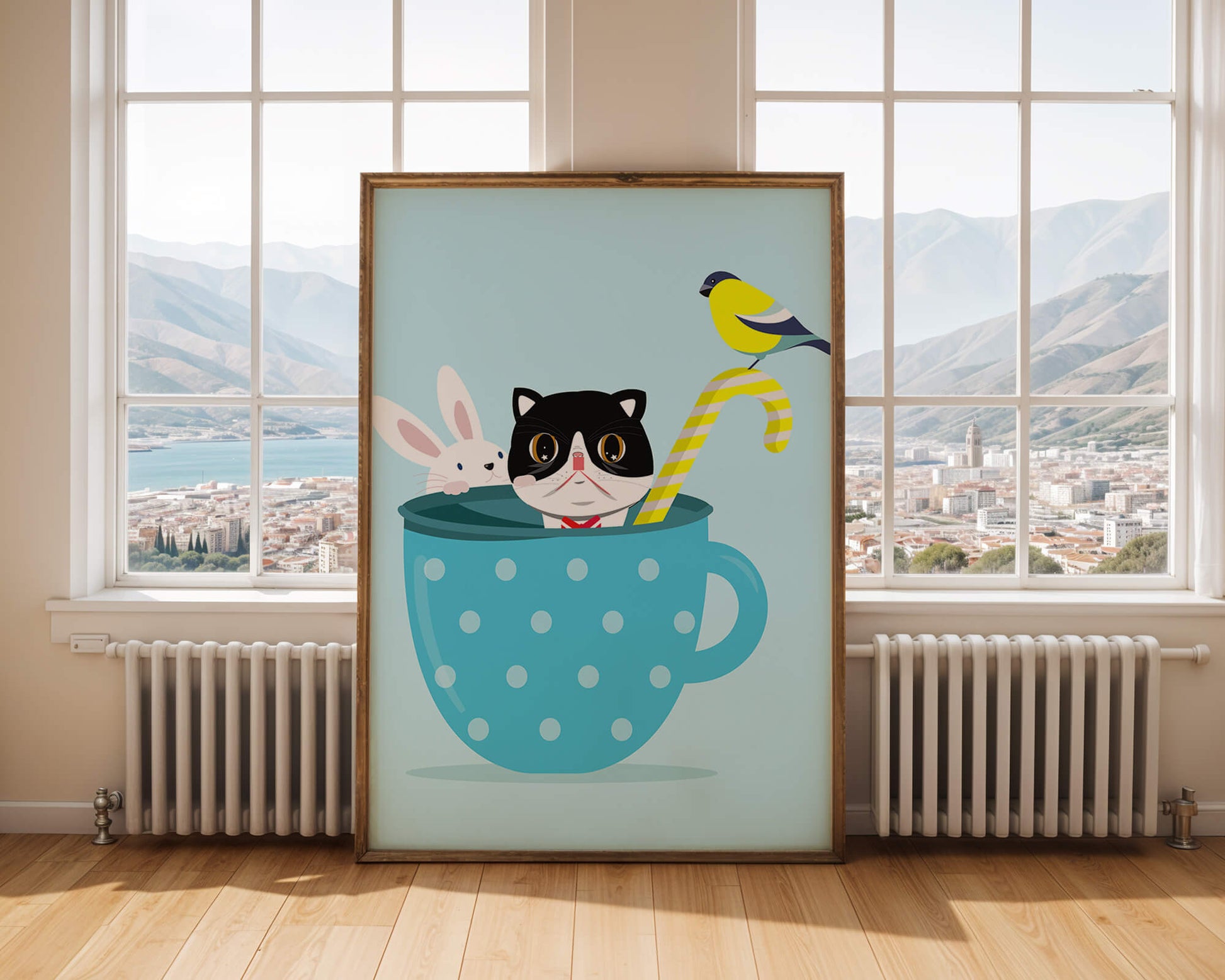 Ilustración lúdica de un gato, un conejo y un pájaro en una taza de té.