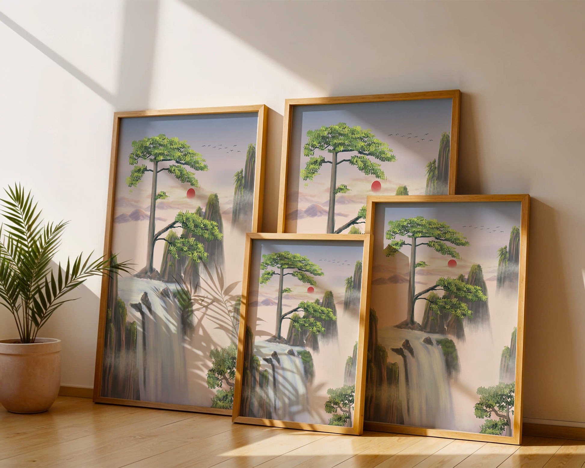 Serene landscape with flowing waterfall and sunrise