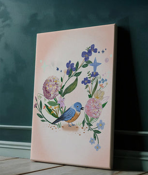 Delightful illustration of a bird amidst colorful flowers on a soft pink background