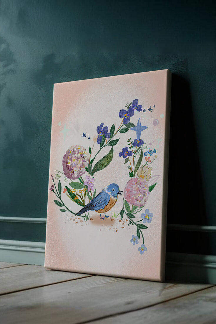 Delightful illustration of a bird amidst colorful flowers on a soft pink background