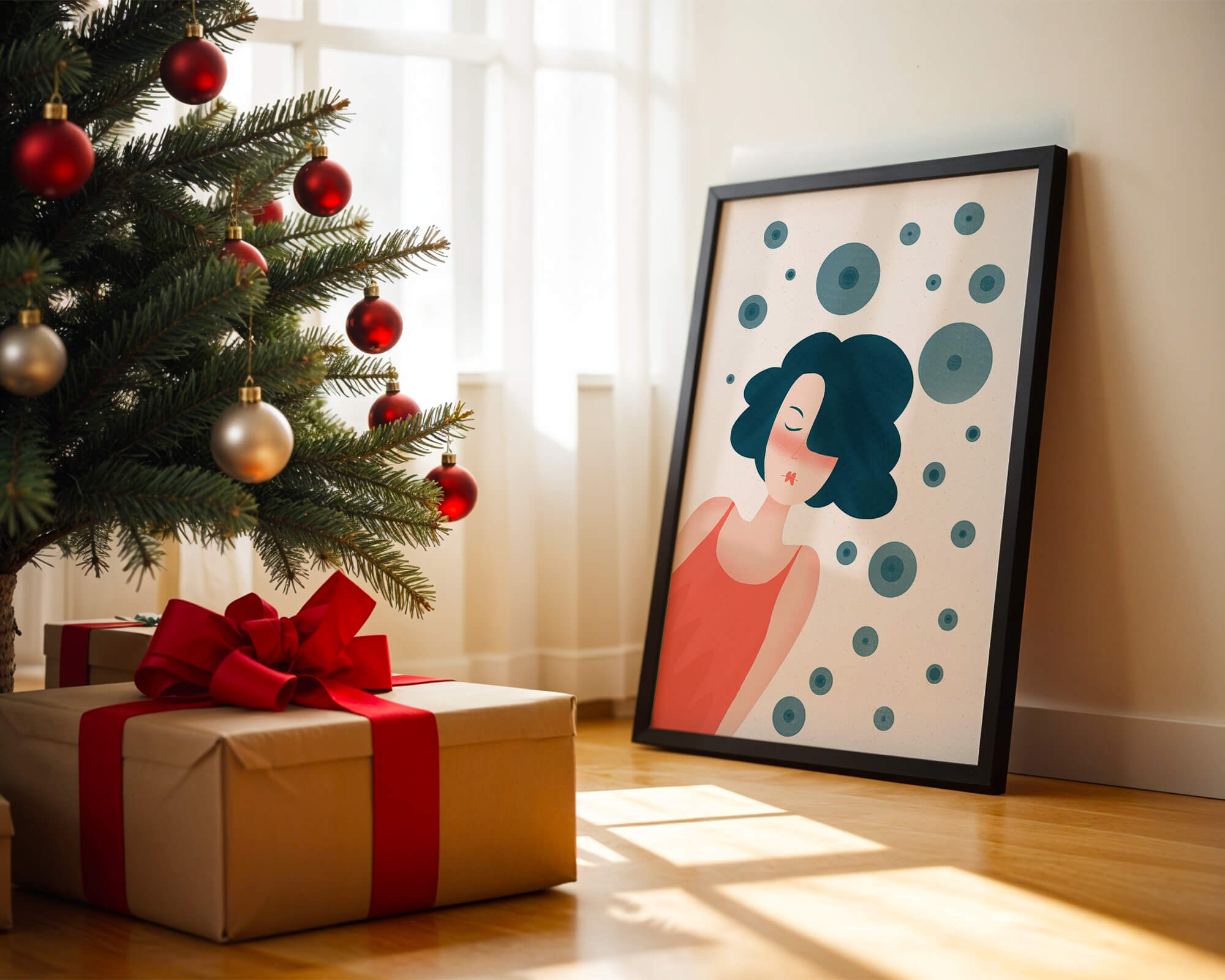 Dreamy Female Portrait with Abstract Circles in Modern Art Style - Mi tienda