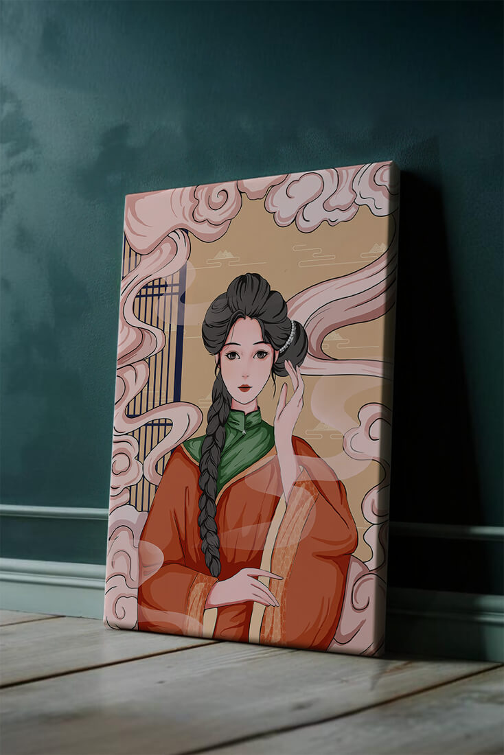Elegant depiction of a woman in traditional attire with swirling clouds