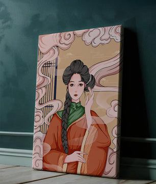 Elegante representación de una mujer con atuendo tradicional y nubes giratorias