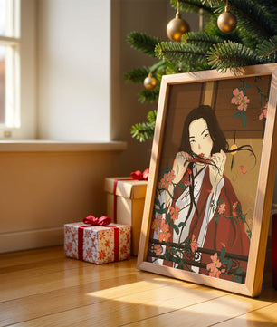 Japanerin spielt Flöte zwischen Blumen in traditioneller Umgebung