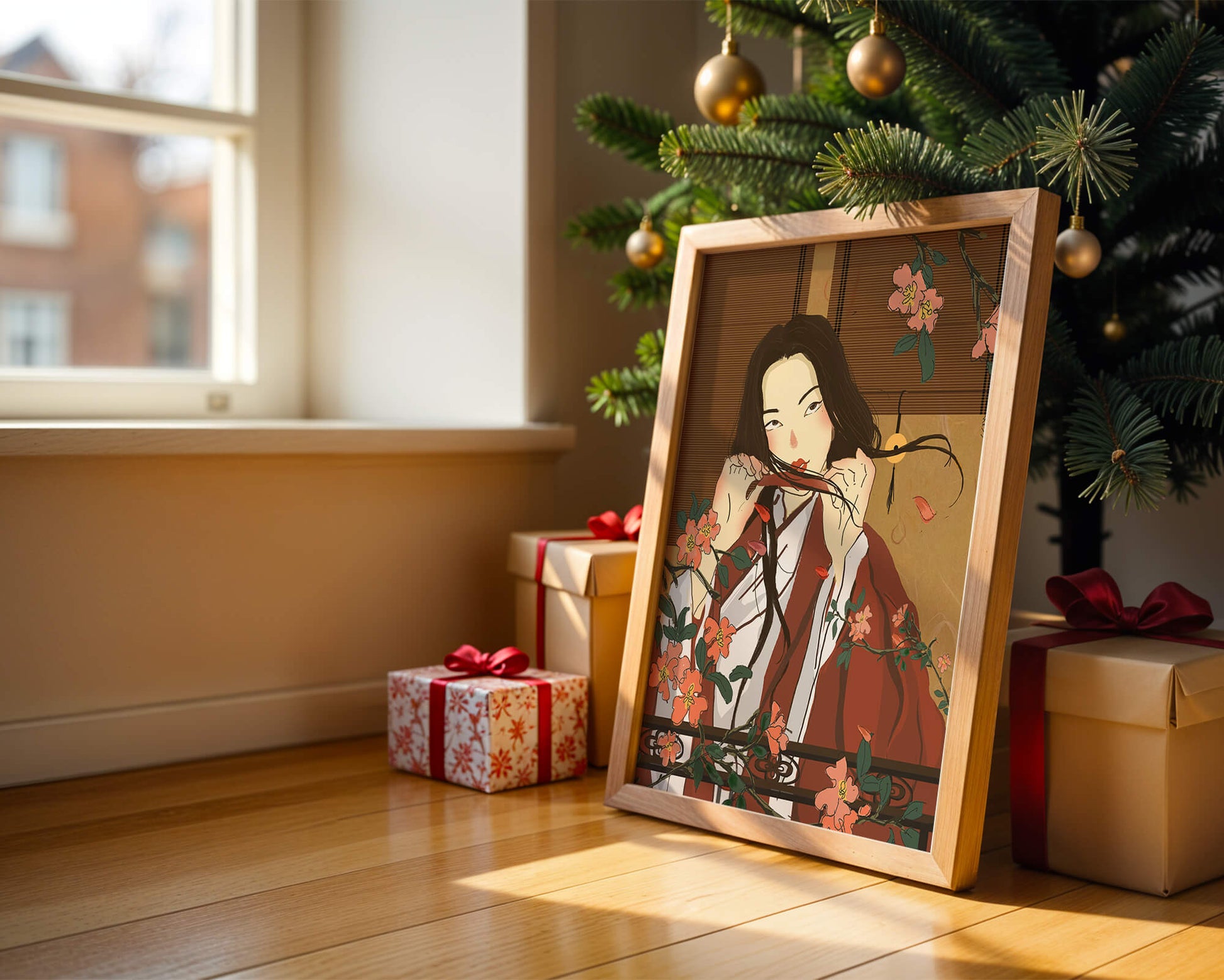 Japanerin spielt Flöte zwischen Blumen in traditioneller Umgebung